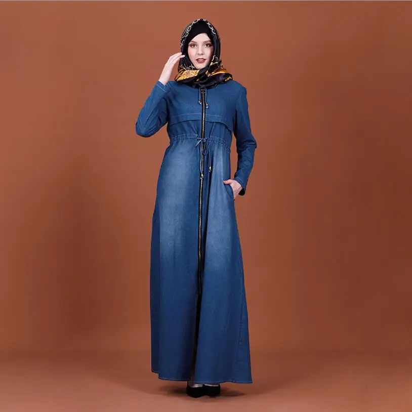 Модный хиджаб абайя джинсовое платье для мусульманских женщин с длинным рукавом Дубай модная Исламская одежда открытый передний тонкий абайя женский - Color: 1