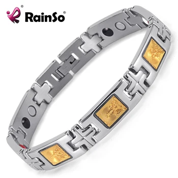 

Rainso Jewelry Men Stainless Steel Magnetic Therapy bracelet Healing 4 Elements Bracelet Cross Buddhism Wristband OSB-371JB
