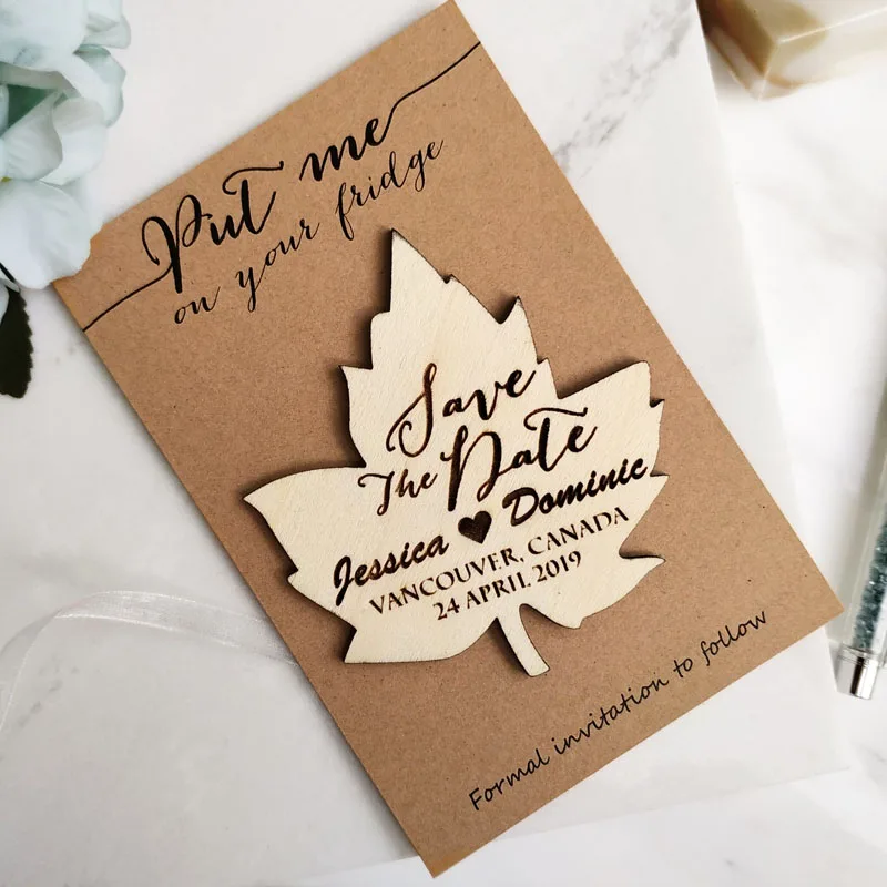 

Wooden Maple Leaf Save The Date Fridge Magnet Wedding Gift invitation or Bridal Shower Wedding decor