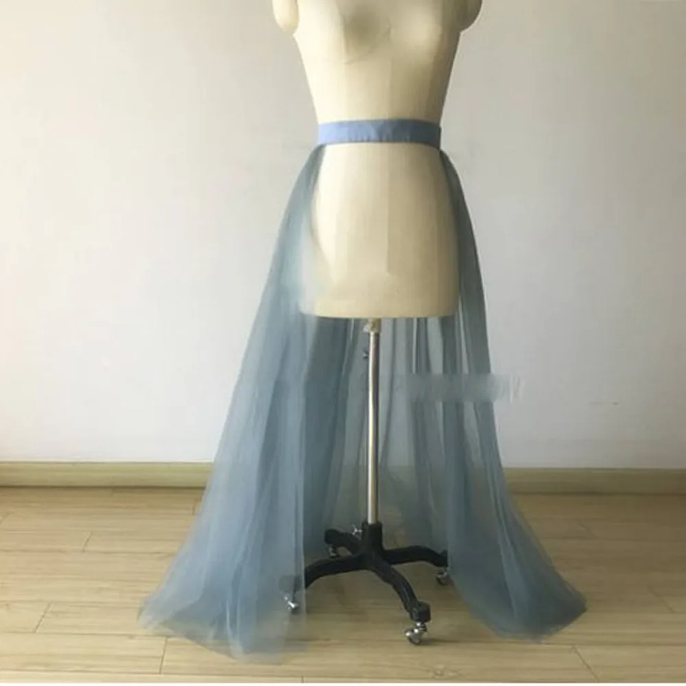 Модные пыльный голубой Для женщин Обёрточная бумага тюль юбки на выпускной дешевые женские Overskirt перекрытия юбка-пачка Съемная Поезд индивидуальный заказ
