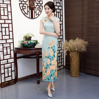 

Plus Size XXXXL Chinese Women's Elegant Long Qipao Printed Lady Qipao Silm Dress Oriental Female Cheongsam Sexy Dress Clothing