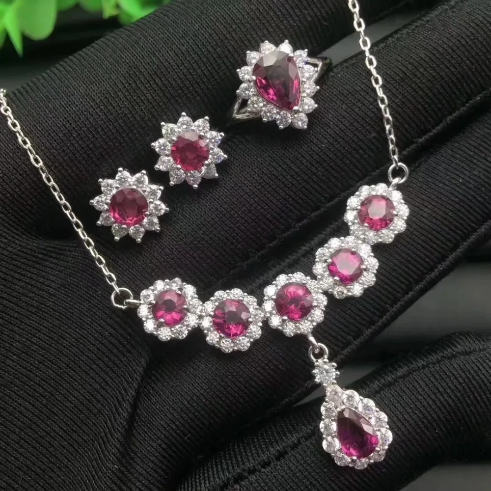 Верность природный гранат S925 серебро Fine Jewelry Набор для женщин Свадебные натуральный фиолетовый камень серьги кольца кулон