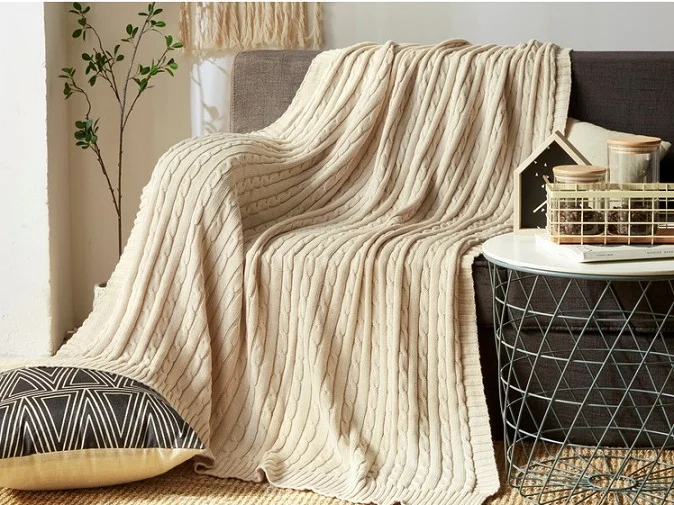 mylb cotton high quality handmade soft knit blanket bed blanket beige, red,brown,blue white, gray, pink knit sofa blanket