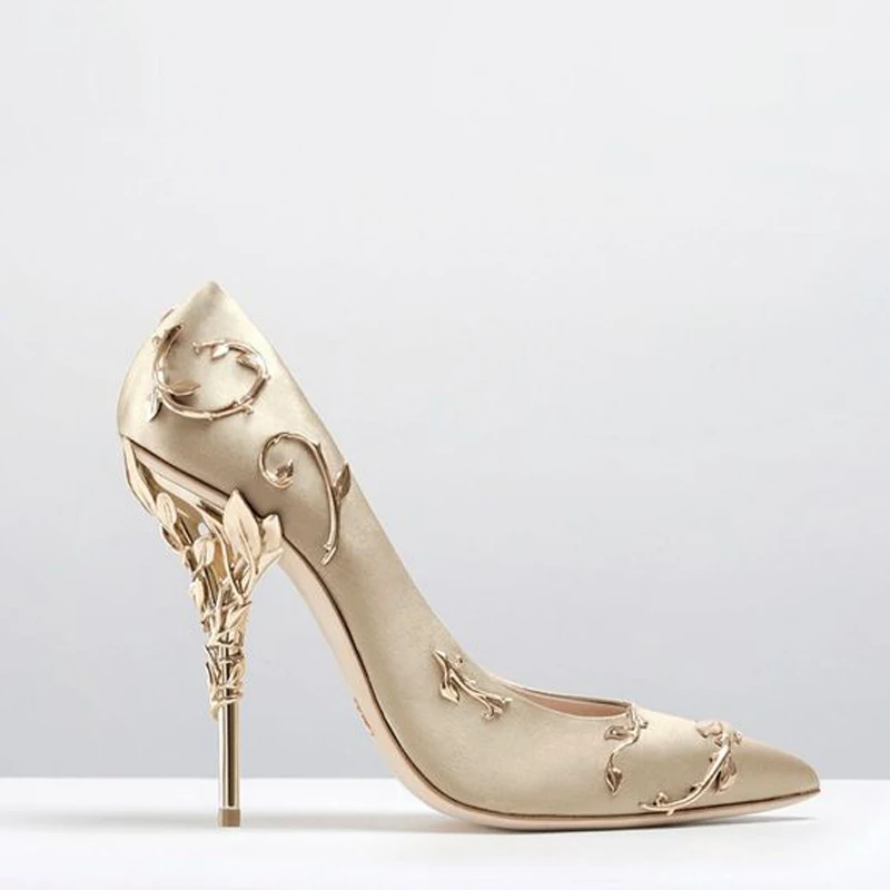 Champagne Pumps Teahoo/Роскошные Брендовые женские туфли-лодочки с острым носком; свадебные туфли на каблуке с цветочным узором; женские элегантные шелковые брендовые дизайнерские туфли-лодочки на высоком каблуке - Цвет: Champagne Pumps