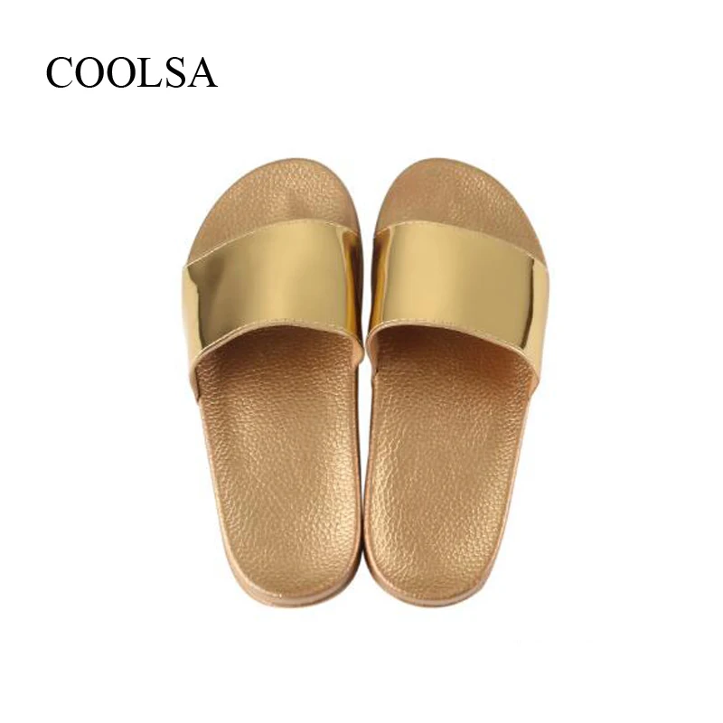 

COOLSA Women's Glossy Slippers Summer Fashion Synthetic Leather Flip Flops Indoor Bathroom Non-slip Slippers Thick Bottom Slides