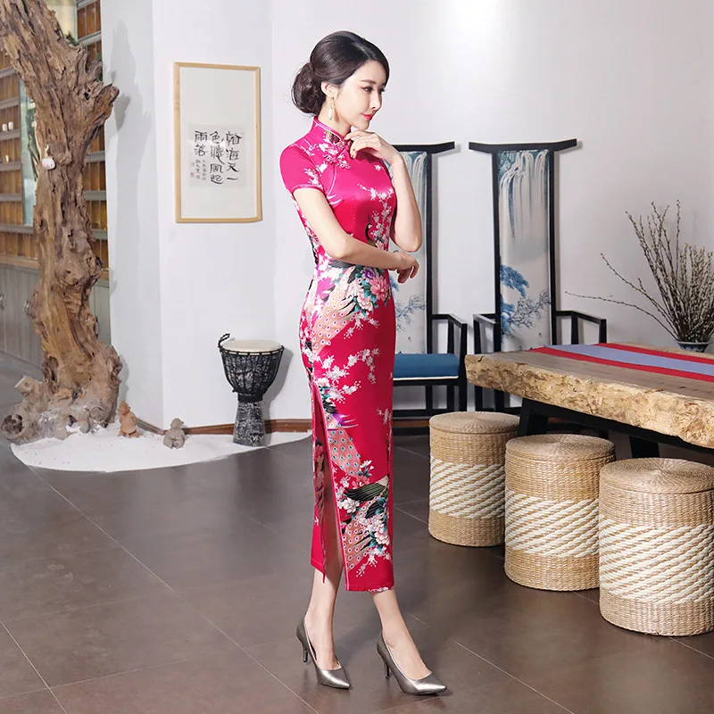 Sexy Purple Women Satin Daily Casual Dress Summer New Long Qipao Print Flower Chinese Cheongsam Size S M L XL XXL 3XL 0162