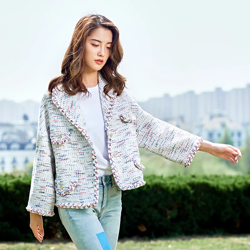 Office Lady two piece Tweed Set Women Crop Top Blazer Tweed Jacket and Wide pants Sets Autumn Winter Outfit Coat trousers suits