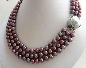 

Beautiful 3row 8-9 MM Purple Round Freshwater Pearl MABE Clasp Necklace