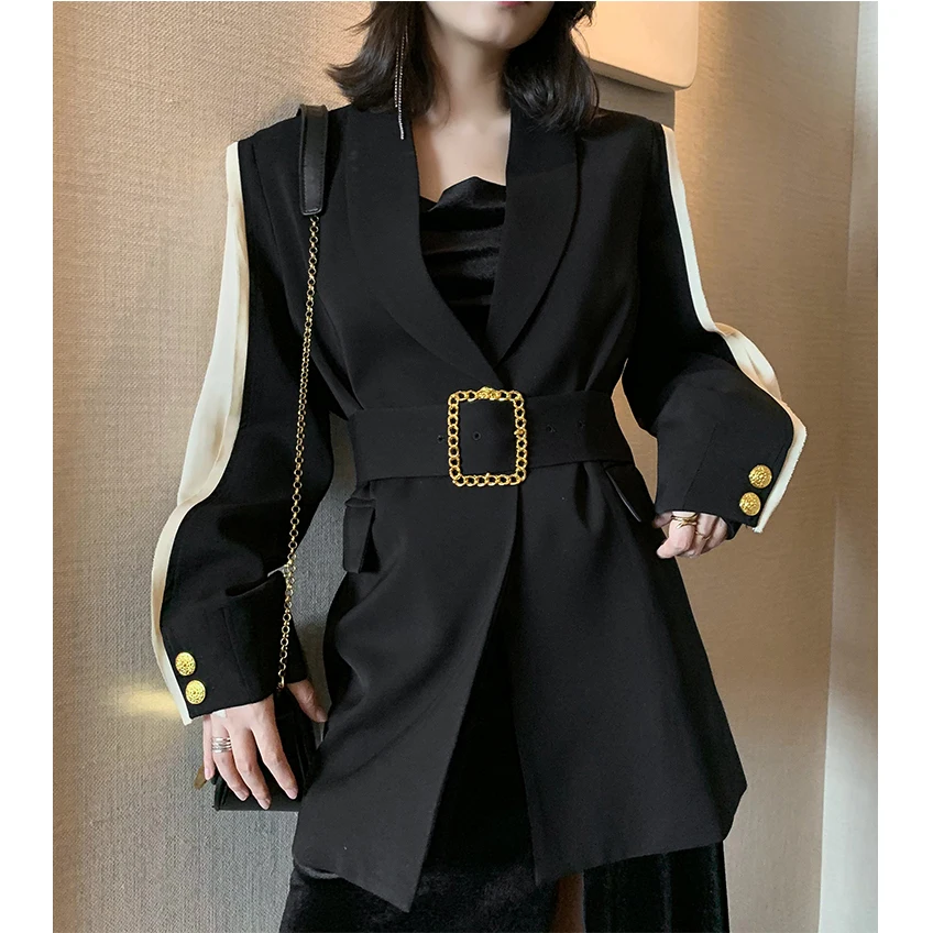 Runway Designer Trendy Chic Womens Blazer Belted Black Patchwork Metal Gold Button Fashion OL Ladies Jacket Coat Outwear