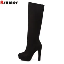 ASUMER/женские сапоги до колена; сезон весна-осень; Новое поступление; однотонные сапоги на платформе с острым носком на высоком квадратном каблуке; большие размеры