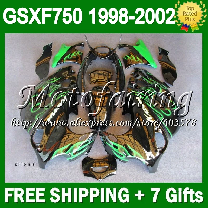 

For SUZUKI KATANA GSXF750 GSXF 750 GSX750F 27C9 green flames GSXF-750 98 99 00 01 02 1998 1999 2000 2001 2002 Fairing black