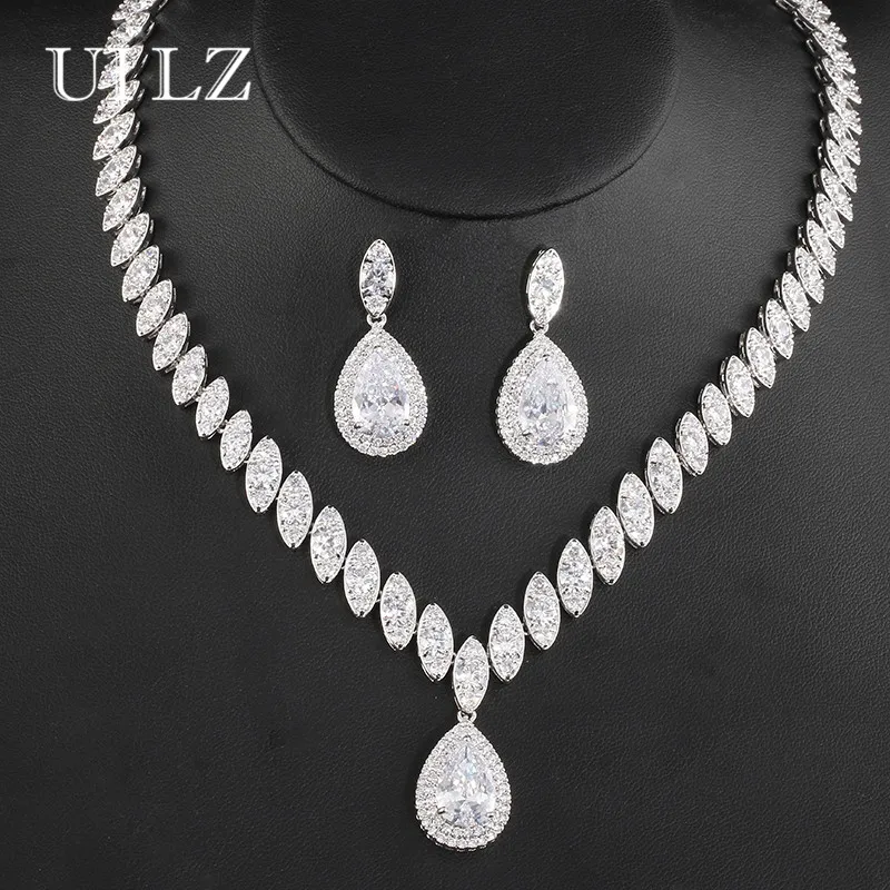 

Trendy Clear Water Drop Cubic Zirconia Wedding Jewelry Sets For Women Fashion Necklace Earrings Set US057
