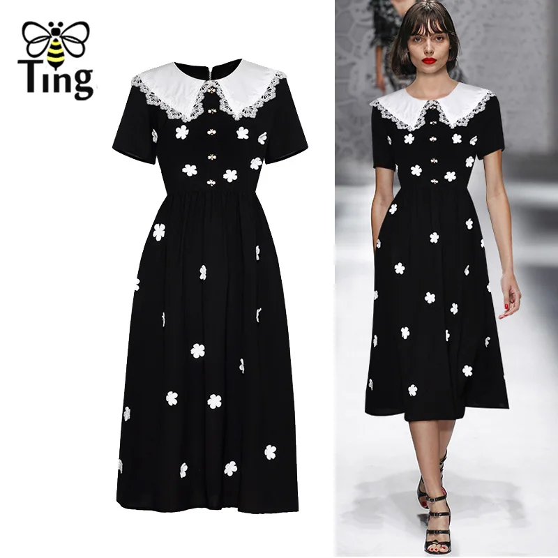 

Tingfly 2019 Autumn New Designer Runway Midi Dress Vintage Bee Button Appliques 3D Flower Elegant Party Dresses BlacK Vestidos