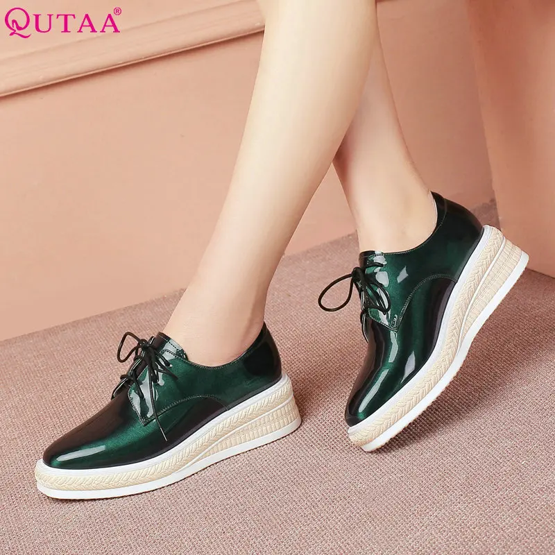 

QUTAA 2019 Women Shoes Patent Leather All Match Platform Wedges Heel Square Toe Spring/autumn Lace Up Women Pumps Size 34-42