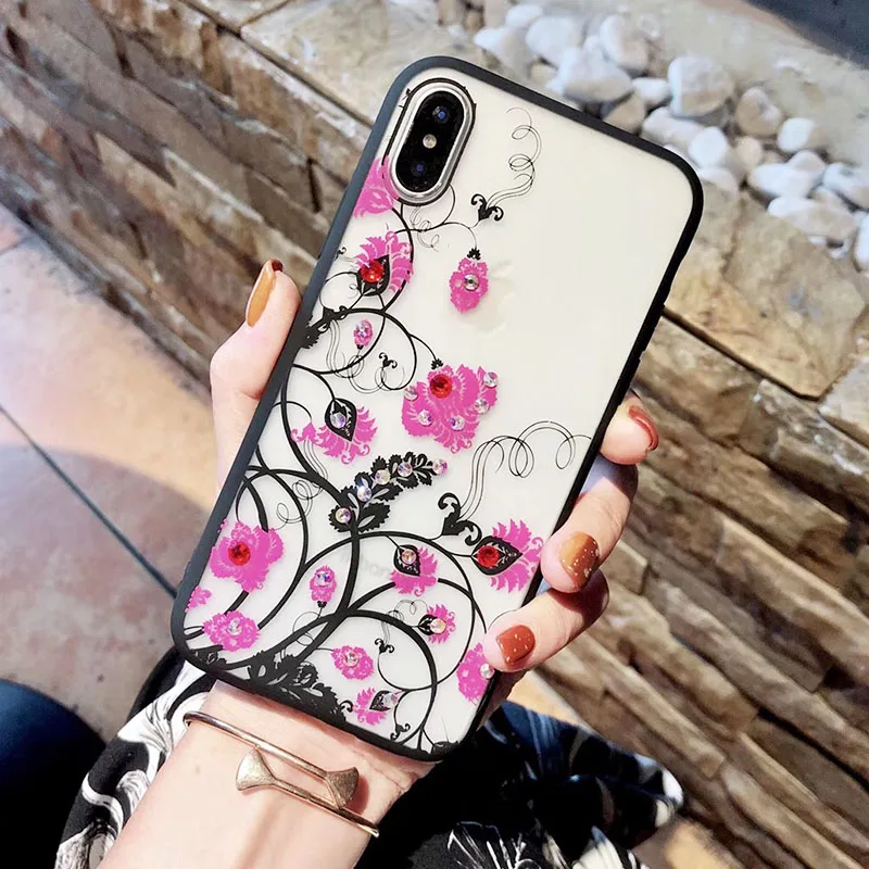 Sexy Lace Floral Diamond Case For iPhone X XR XS Max 8 7 6 6S Plus Soft Silicone Hard PC Retro Flowers Cases Cover Coque Shell (5)