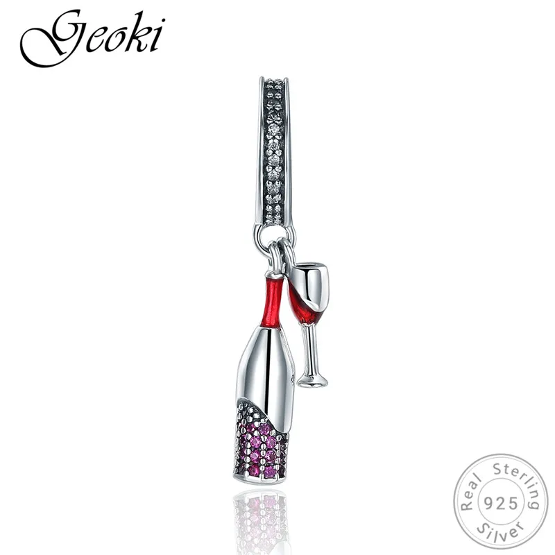 

Geoki 925 Sterling Silver Red Wine Bottle&Glass Charms fit Original Pandora Bracelet Purple Cubic Zironia Cup Beads Pendant