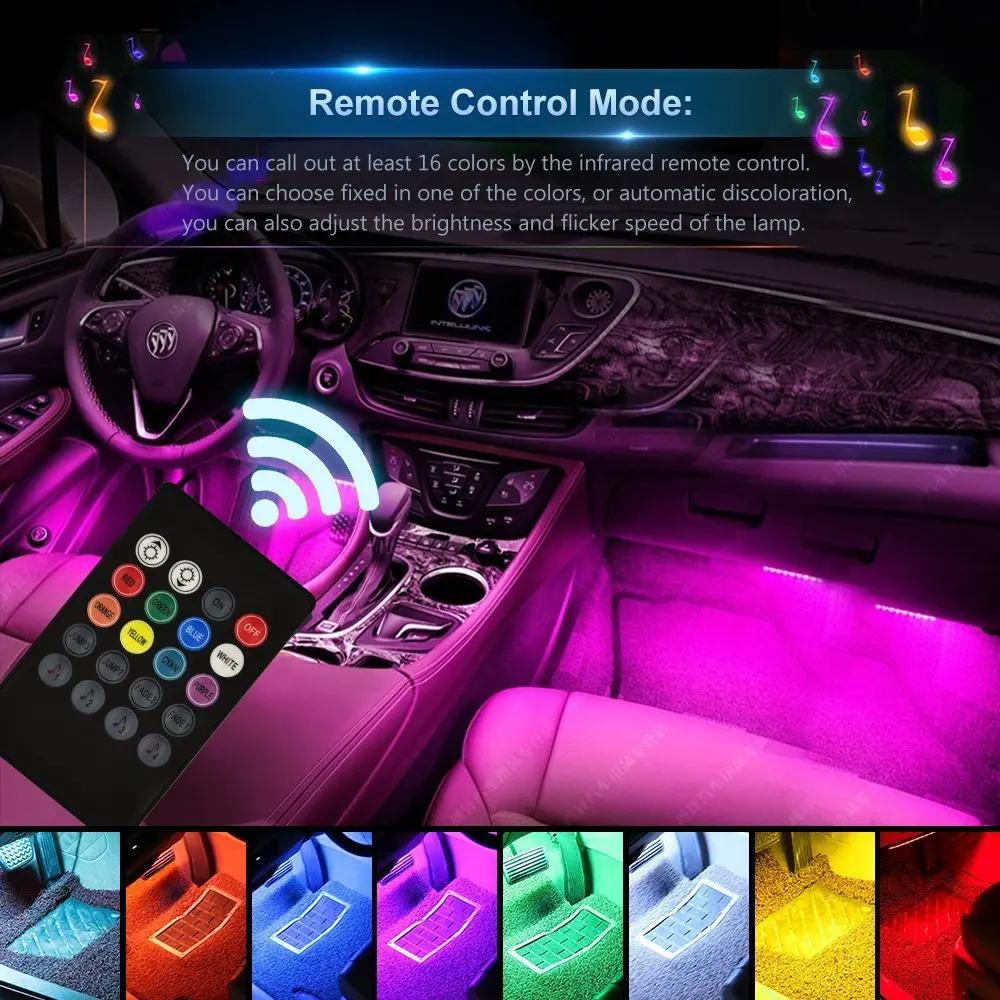 Car LED Strip Light,EJs SUPER CAR Upgraded Remote and APP Two-in-one Control Multicoloured Music Car Interior Lights Waterproof DC 12V Upgrated 16 Fixed Colors Sound Active Function 4pcs 48 LED 
