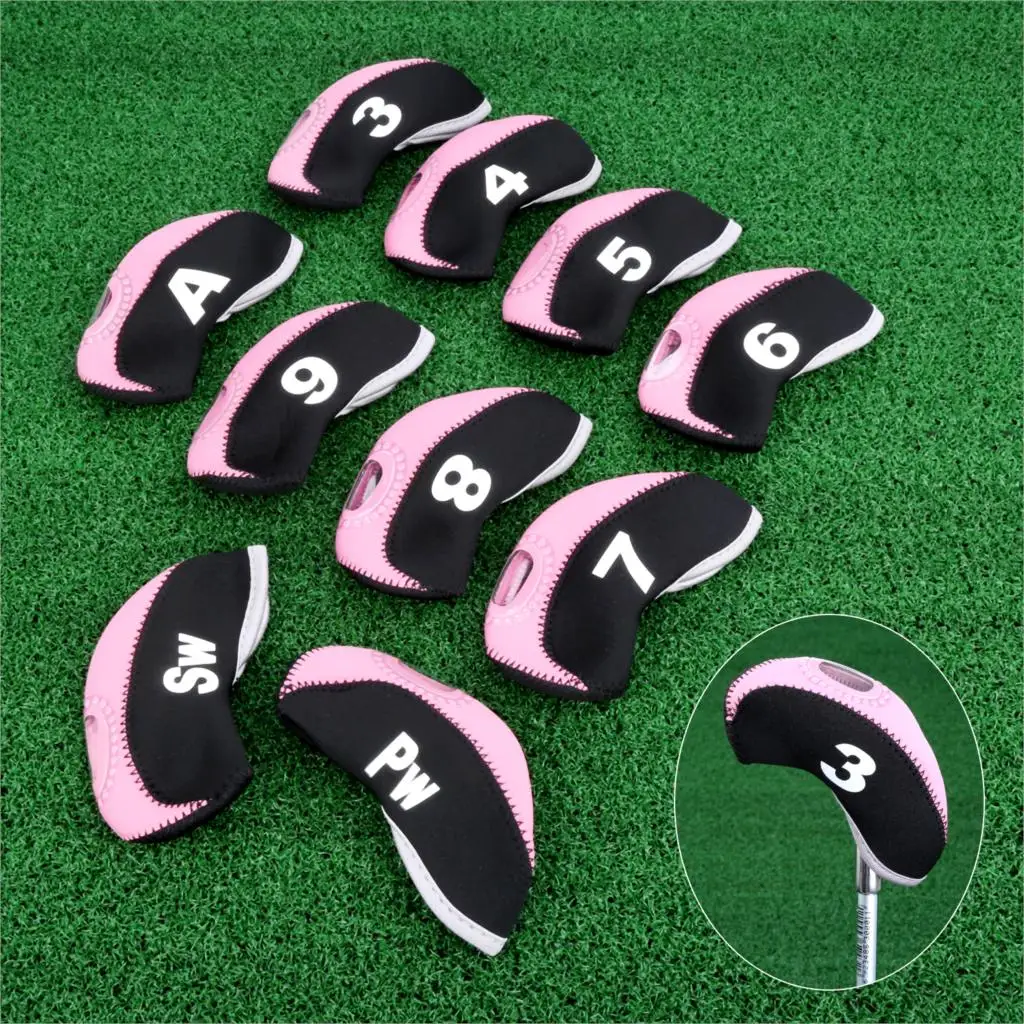 10 шт./компл. неопреновый чехол для головки клюшки для гольфа чехлы с прозрачным пластиковым смотровым окном для утюгов Защитные чехлы для головки 6 цветов - Цвет: Pink
