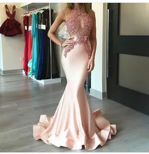 Pfirsich Farbe Sexy Meerjungfrau Lange Abendkleider Lange Abendkleider Appliqes Spitze Formales Partei-kleid Backless Vestido Longo