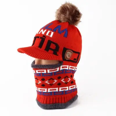 MAERSHEI/детская шапка для мальчиков, зимняя, Вельветовая, толстая, теплая, наушники для девочек, детская шапка, воротник, комплект, детские вязаные шапки, шапка - Цвет: Red