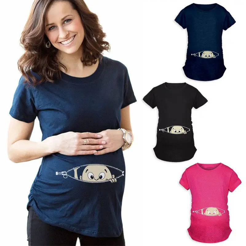 Maternity Baby Peeking Shirt Funny Pregnancy Cute Pregnant T-shirts Summer Clothes Tops Black Blue Red Gray