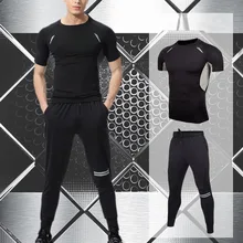 Мужской модный летний спортивный комплект, Мужская эластичная футболка для фитнеса, быстросохнущие топы, длинные штаны, спортивный облегающий костюм, баскетбольный костюм