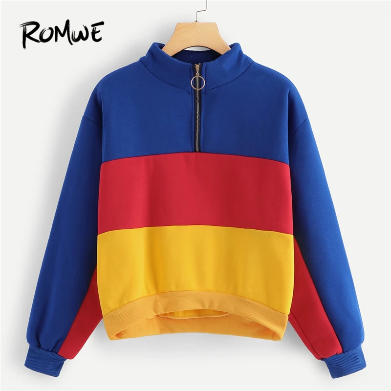 

ROMWE Striped Colorblock Zipper Sweatshirt Women Casual Spring Autumn Long Sleeve Stand Collar Clothing Pullovers Sweatshirt