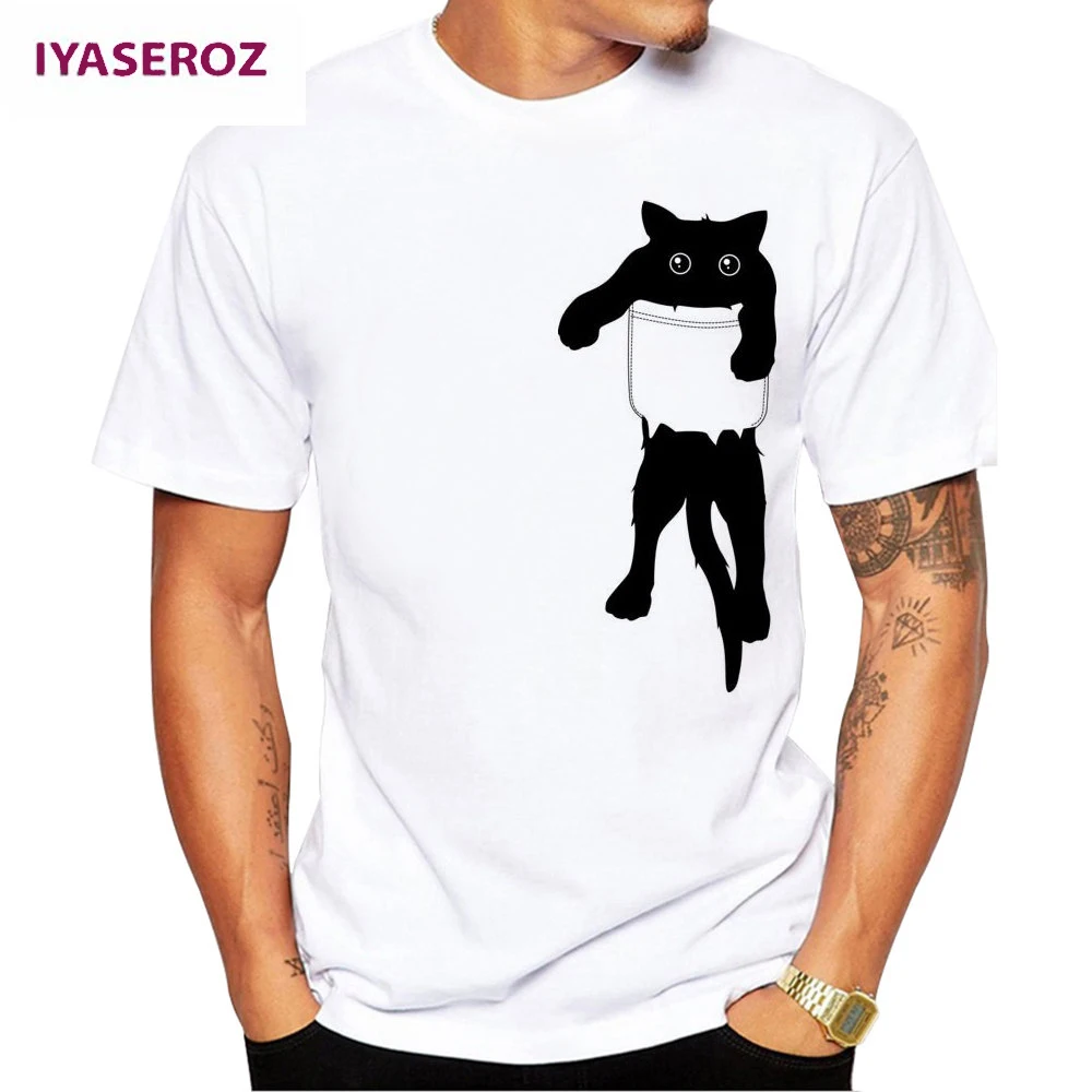 

IYASEROZ 2017 Men's Modal T-shirt Funny Cat in Pocket Design Printed O-neck Short Sleeve Summer Halajuku Tops Tees for Unisex