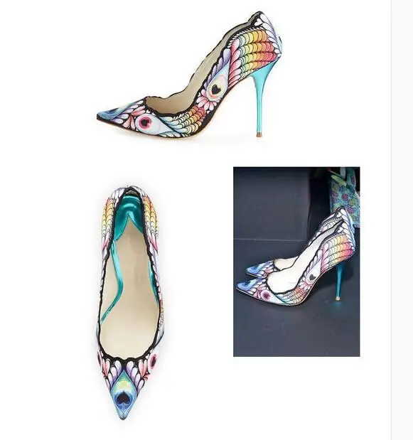 

New Arrival Brand Sweet Style Women Pumps Peacock skin Pointed Toe Thin High Heel Leather Party shoes Women big size 34-42