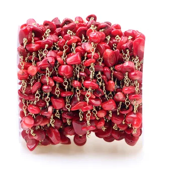 

HanKun Red Coral Nugget Chip Beads Rosary Chain With Brass wire wrapped Rosary