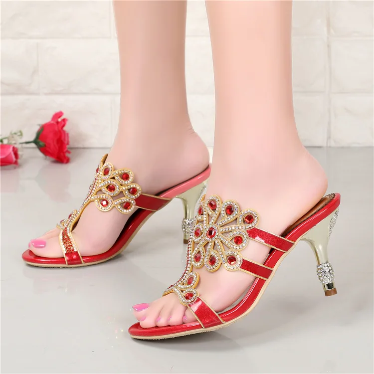 G-sparrow Summer Women Fashion High Heel Stiletto Slippers New Diamond Luxury Elegant Shoes Red Size 117
