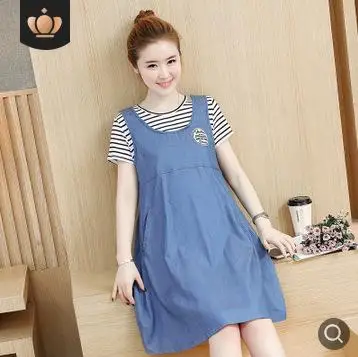 Fake Two-piece Loose Large Size Maternity Dress 2019 Summer Fashion Denim Stitching Pregnancy  Clothes for Pregnant Women QL529
