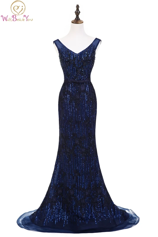 

Mermaid Prom Dresses Beading Sequined Appliques Tulle Sweep Train V-neck Sleeveless Bow on Belt Lace-up Navy Blue Evening Gown