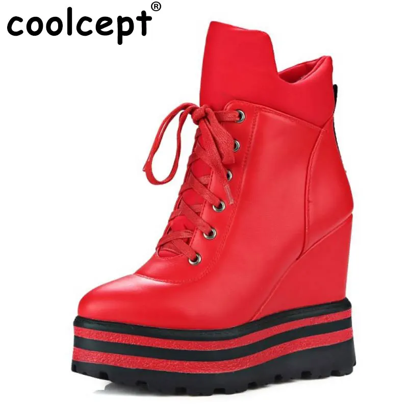 

Coolcept Wedges Women Ankle Boots Platform High Heels Boots Winter Warm Sexy Zipper Female Autumn Boots Lady Shoes Size 34-39