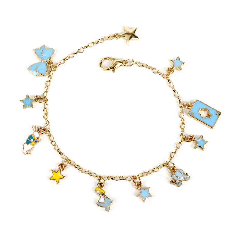 

MQCHUN 2018 Fashion Women Charm Jewelry Movie Alice In Wonderland Enamel Metal Charm Bracelets Bunny Star Bow Link Chain Bangles