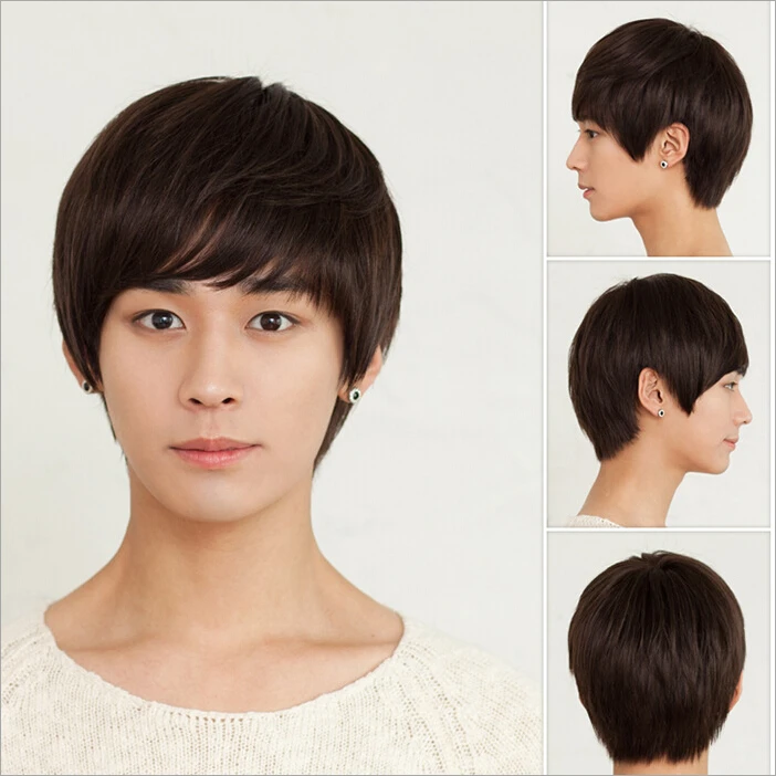 New Fashion Man Wig Fluffy Cool Boy Wig With Bang Short Straight Black Brown Play Boy Wigs
