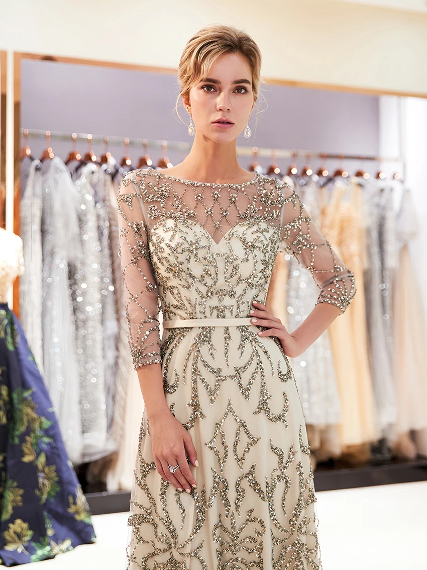 2019 Половина рукава вечерние платья для женщин роскошное платье с бусинами Длинные Формальные Вечеринка платья с камнями