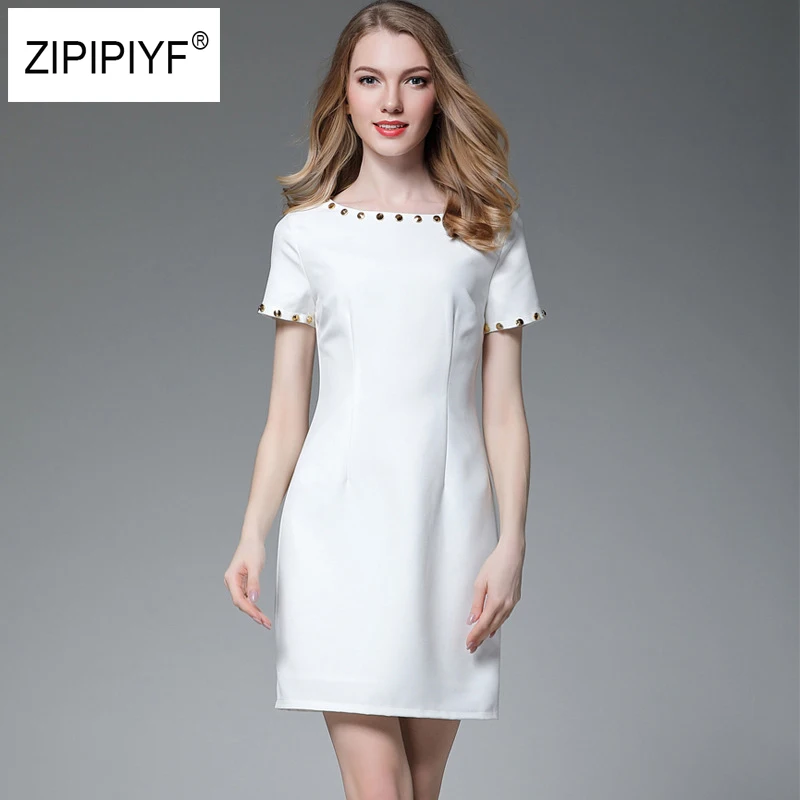 2018 mujeres Nueva moda elegante vestidos formal coreano pista Partido Blanco remache Primavera Verano Vestido corto manga B415|Vestidos|