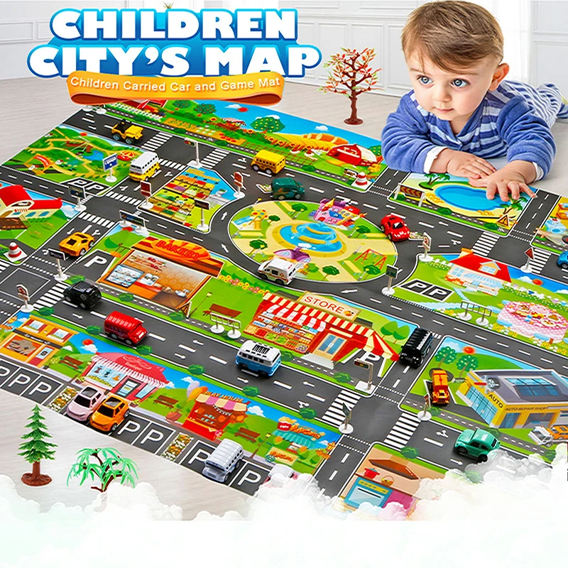 Children's Toy INS Canvas Kids Baby Play Mat Game Pad 130*100cm Rug Dinosaur World Traffic Parking Lot Animals Game Carpet Map