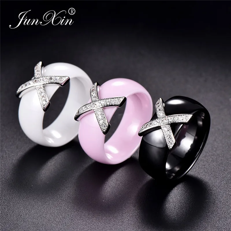 

Junxin Mutilcolor Light Ceramic Rings For Men Cross Ring Black White Pink Round Zircon Ring Women Couples Jewelry New Arrival