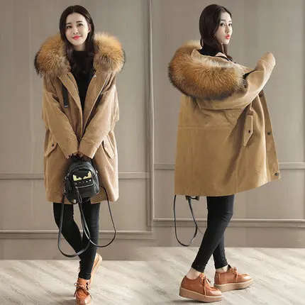 khaki real fur AYUNSUE новые парки зимняя куртка Женская Стеганая женская верхняя одежда натуральный мех енота длинные пуховые хлопковые стеганые пальто LX1321 - Цвет: khaki real fur