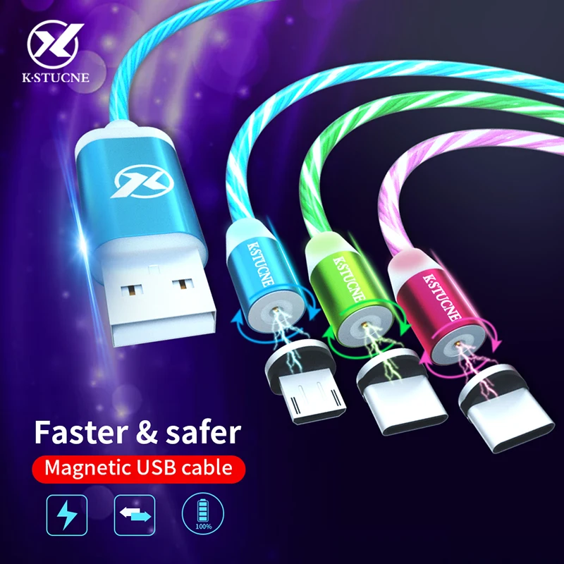 

Magnetic LED Glow Flowing Data USB Charger Type C/Micro USB/8 Pin Charging Cable For iPhone X XS For Samsung S9 S8 Charge Cable