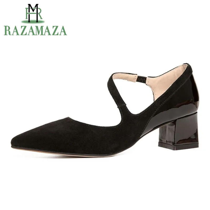 

RAZAMAZA Women'S Pumps Real Leather Shoes For Women Fashion Pointed Toe Shoes Dance Party Square High Heel Footwear Size 34-39
