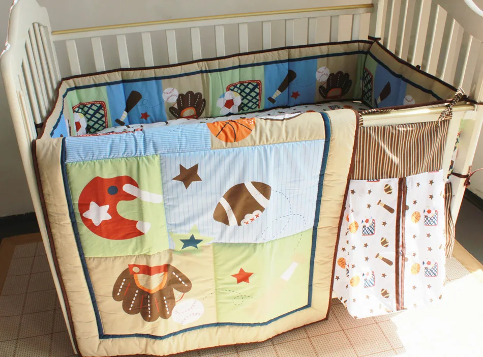 

Promotion! 5PCS embroidered Baby Bed Set,Baby Bedding Set for Cot and Crib,include(bumper+duvet+bed cover+bed skirt+diaper bag)