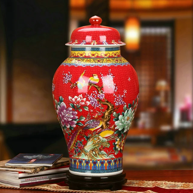 Vase Large Flower Temple Jar Home Decoration Porcelain Ginger Vase Large Flower Temple Jar Home Decoration Porcelain Ginger Sitting Room Red Bird