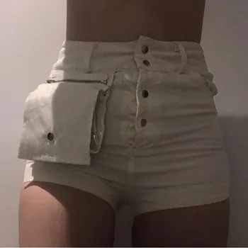 

2019 Summer Women Denim Shorts With Waist Pack High Waist Slim Casual Shorts Pockets Leisure Mini Shorts