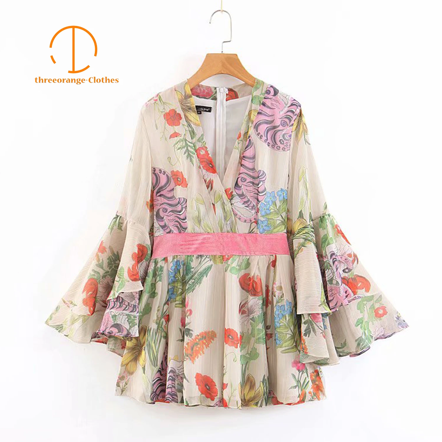 

Summer Chiffon jumpsuit women Chinese vintage style floral print loose cascaded ruffles sleeve fashion Casual jumpsuits femme