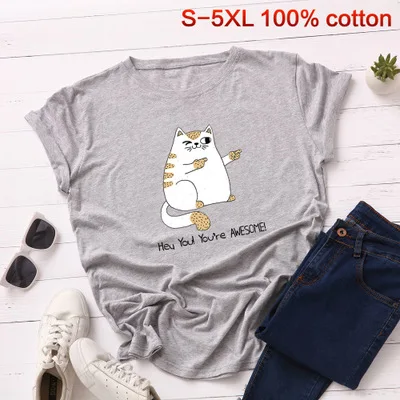 SINGRAIN, повседневная женская футболка с рисунком, плюс размер, S-5XL, Милая футболка с котом, Забавный принт с животными, хлопковые футболки, Harajuku, базовые Топы - Цвет: gray