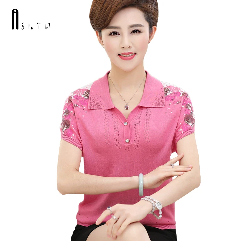

ASLTW Turn Down Collar T Shirt Women 2019 Summer Thin Women's Short Sleeve Knitting Top Plus Size Causal Female T Shirts