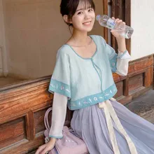 Женский комплект из 2 предметов в китайском стиле, зеленый льняной топ с открытым стежком+ белое нижнее белье с длинными рукавами, футболка, Mori Girl